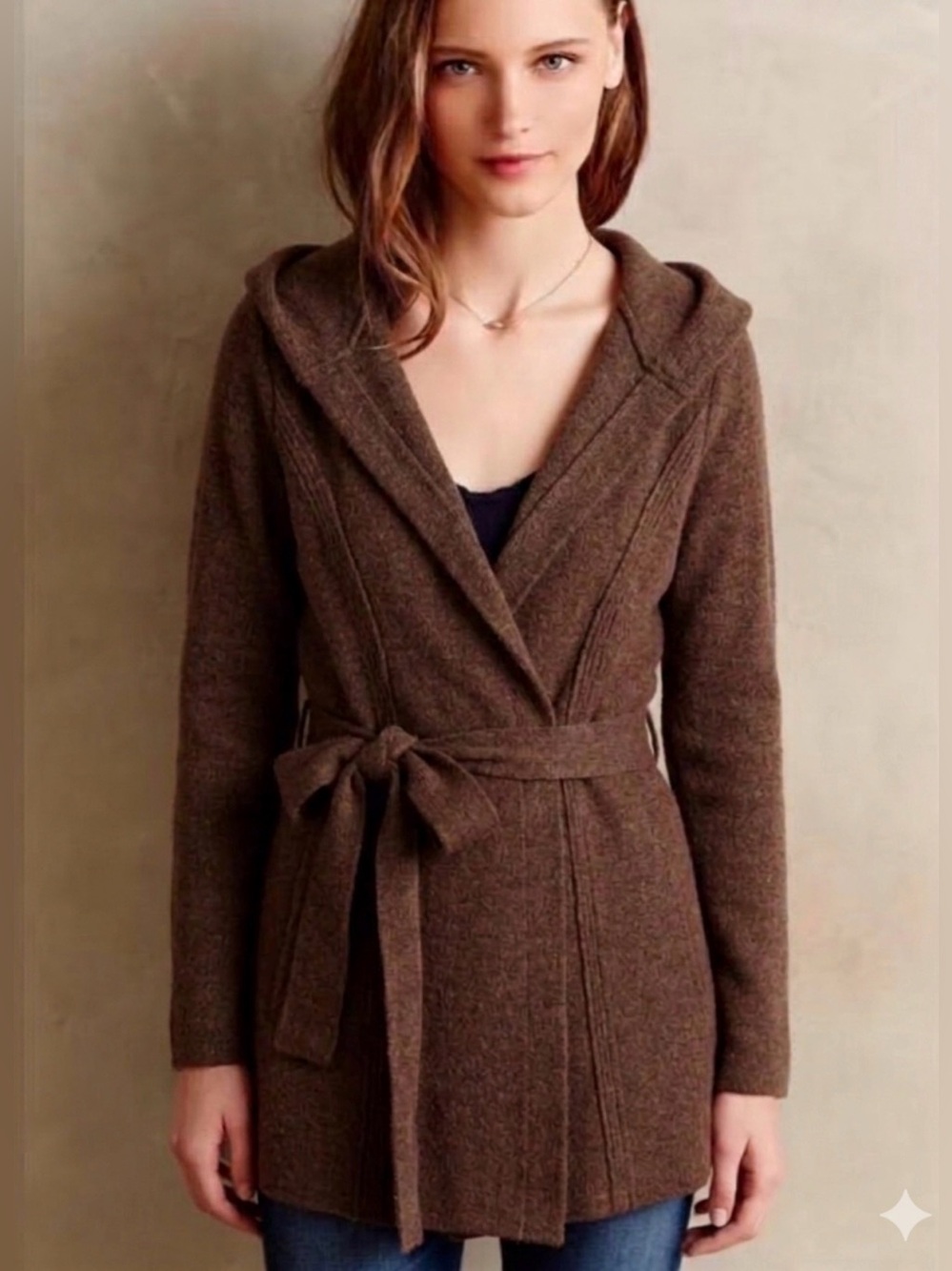 Anthropologie Rosie Neira Hooded Brown Belted Sweater